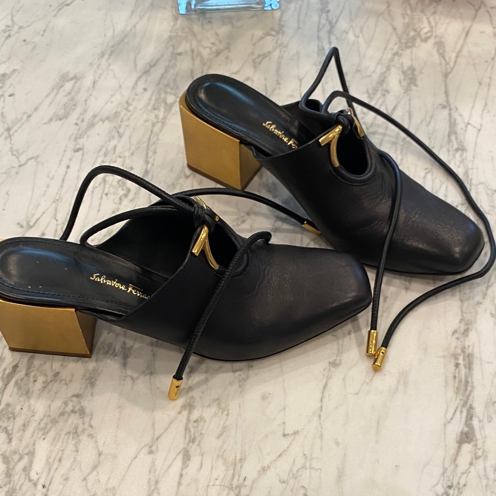 Salvatore Ferragamo Black Mules with Gold Heels
